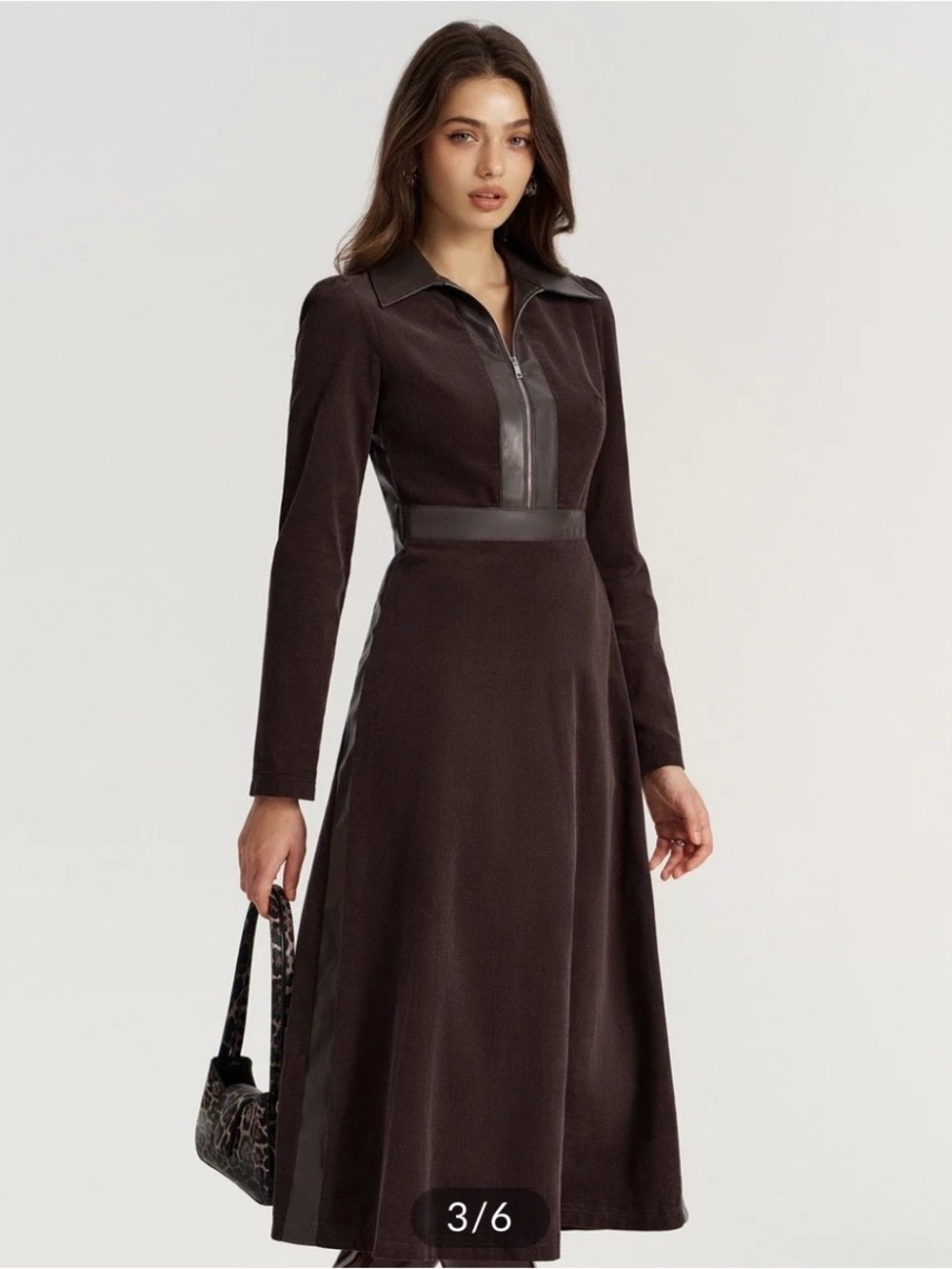 Commense Chocolate Brown Faux Leather Corduroy Long Sleeve A-Line Dress